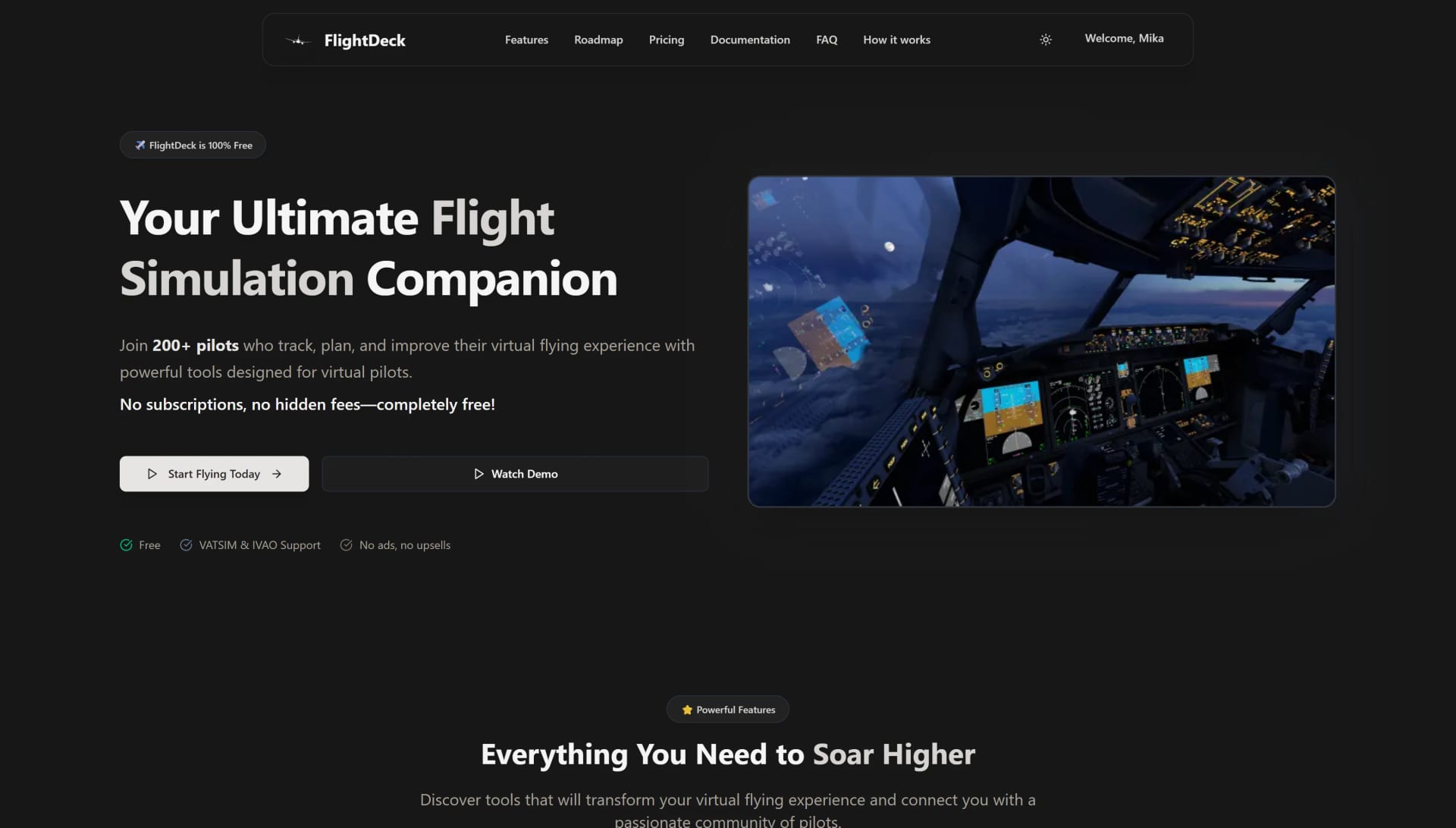 Screenshot van het FlightDeck-dashboard met logboek, vluchtstatistieken en ontdekte routes